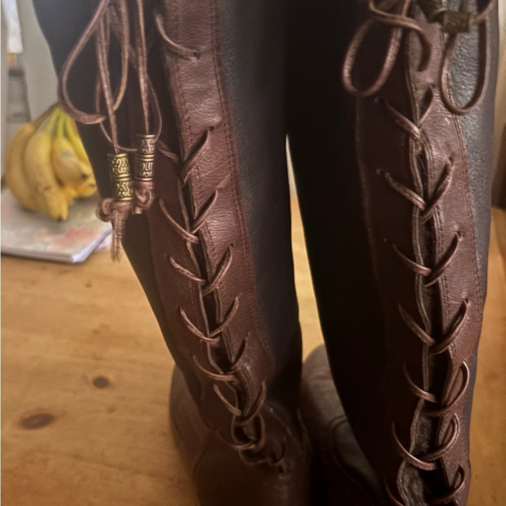 FRYE Shearling CELIA Back Lace LEATHER Fold Over Sheepskin Boots 10 Like New